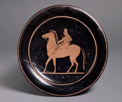 Attic red-figure plate showing a mounted archer in oriental costume, inscribed Miltiades kalos, 520-510 BC by Roman